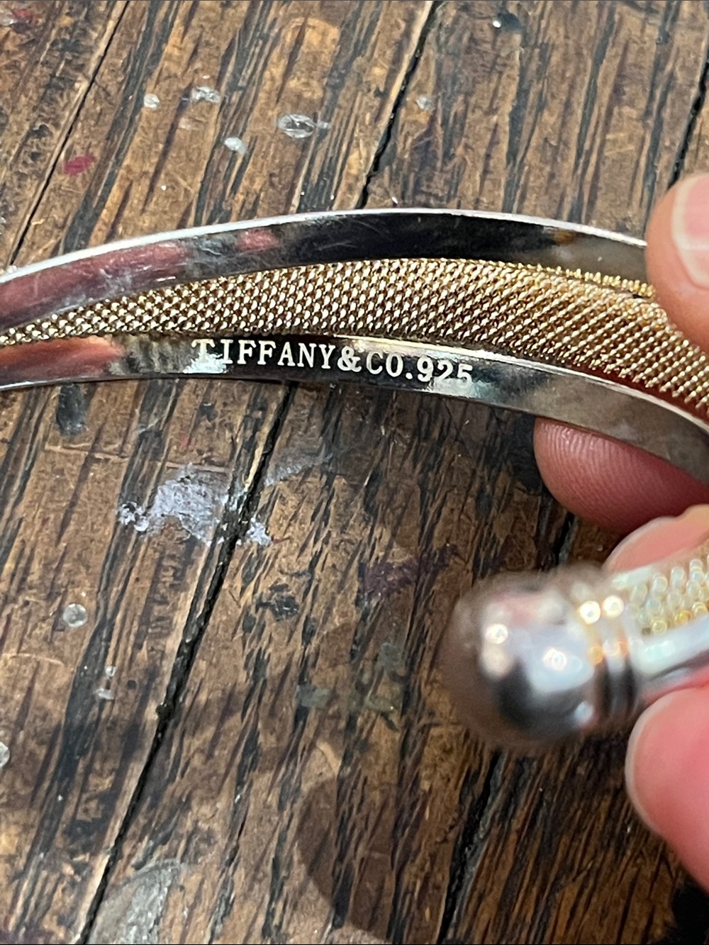 TIFFANY AND CO. 925 signed Goldmesh / Silver Mesh Cuff Bracelet - Women Jewelry - Picture 2 of 9